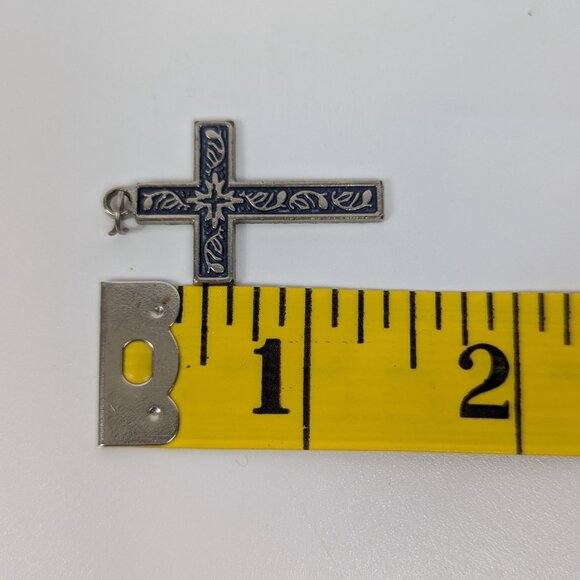 Blue Enamel and Silver Tone Ornate Floral Cross Charm - Picture 4 of 4